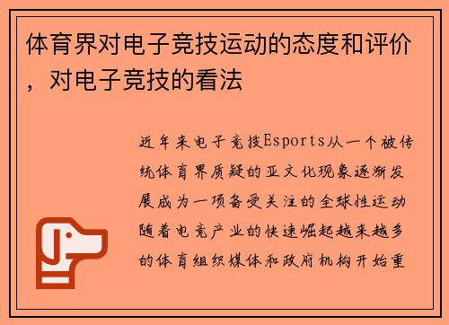 体育界对电子竞技运动的态度和评价，对电子竞技的看法