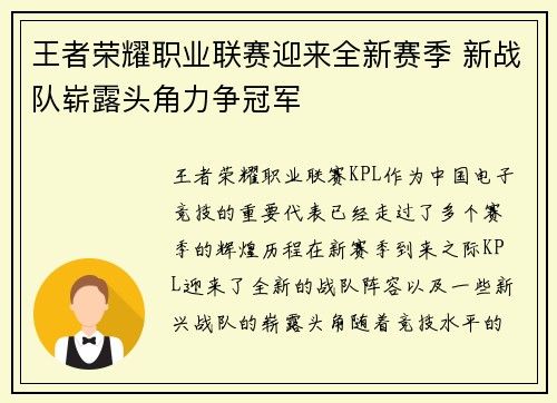 王者荣耀职业联赛迎来全新赛季 新战队崭露头角力争冠军