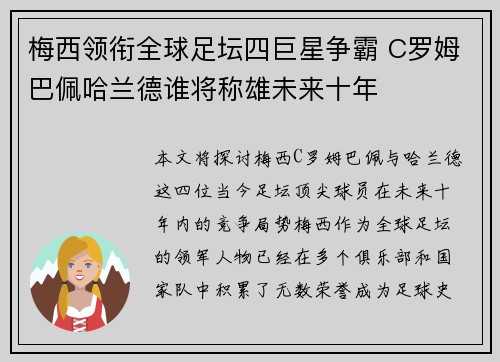 梅西领衔全球足坛四巨星争霸 C罗姆巴佩哈兰德谁将称雄未来十年