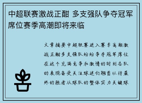 中超联赛激战正酣 多支强队争夺冠军席位赛季高潮即将来临
